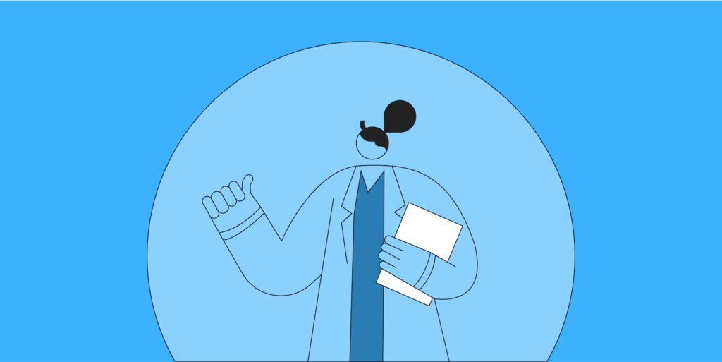 An illustration depicting a female Doctor holding a white file