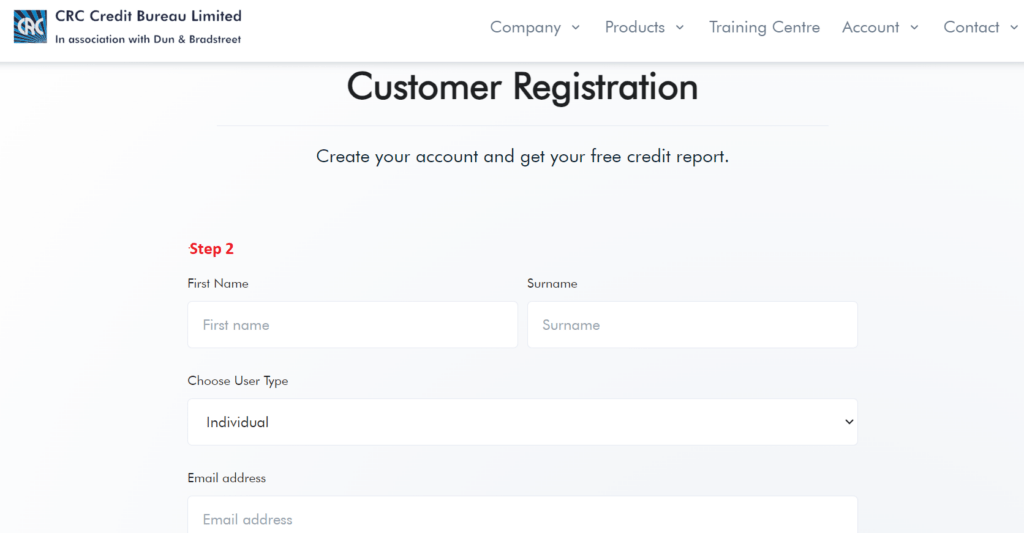 CRC "create account" page