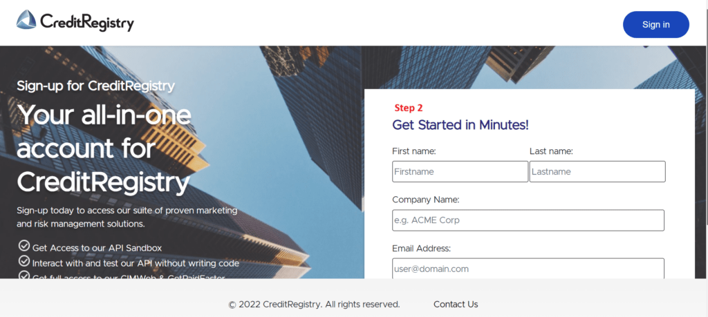 CreditRegistry sign up page