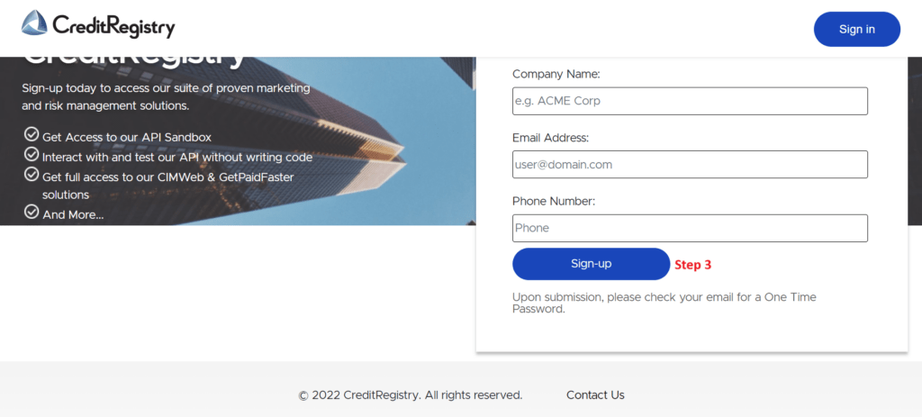 CreditRegistry sign up page