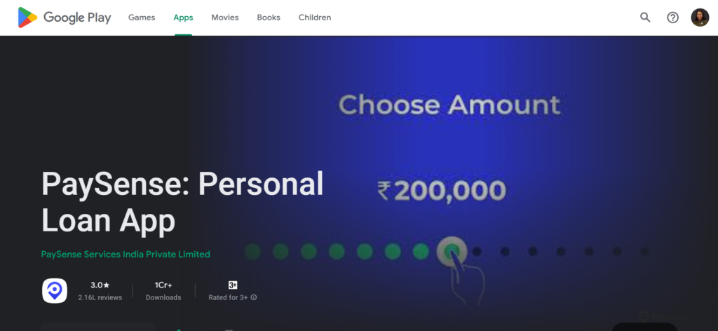 PaySense Google play store landing page